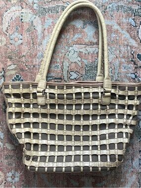 Brighton croc embossed leather and linen lattice work Cameron tote